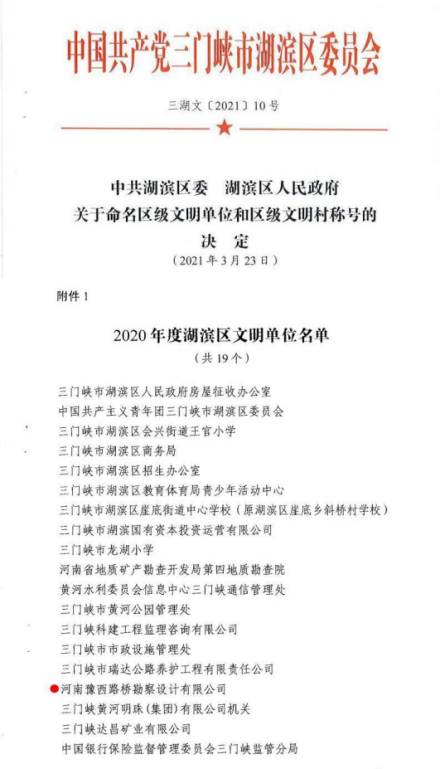 喜讯!公司荣获“湖滨区文明单位”荣誉称号